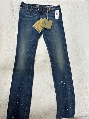 Ag Adriano Goldschmied Women's Skinny Jeans in Dark Blue with Paint-Splatter